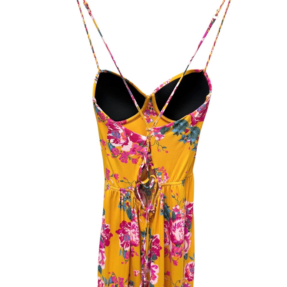 Maaji Yellow Floral Bustier Maxi Dress Lace Up Back Tiered Summer Size Medium - Picture 5 of 9